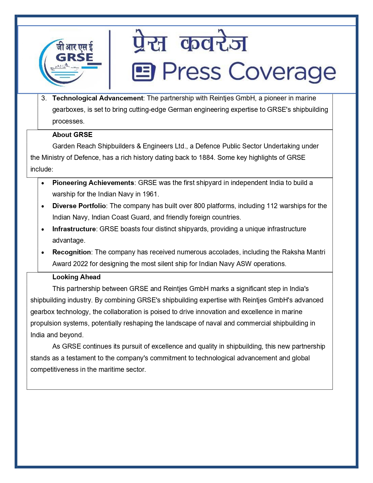 Press Coverage : 4 Aug 25:GRSE Signs MoU with Germany's Reintjes GmbH to Integrate High Quality Propulsion Gear Trains for Indian Navy Ships